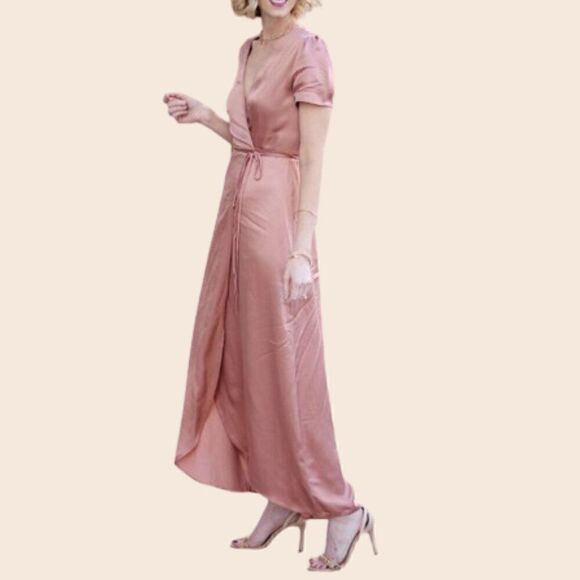 WAYF Rose Gold Gwyneth Wrap Satin Midi Dress Size Small - Picture 3 of 16